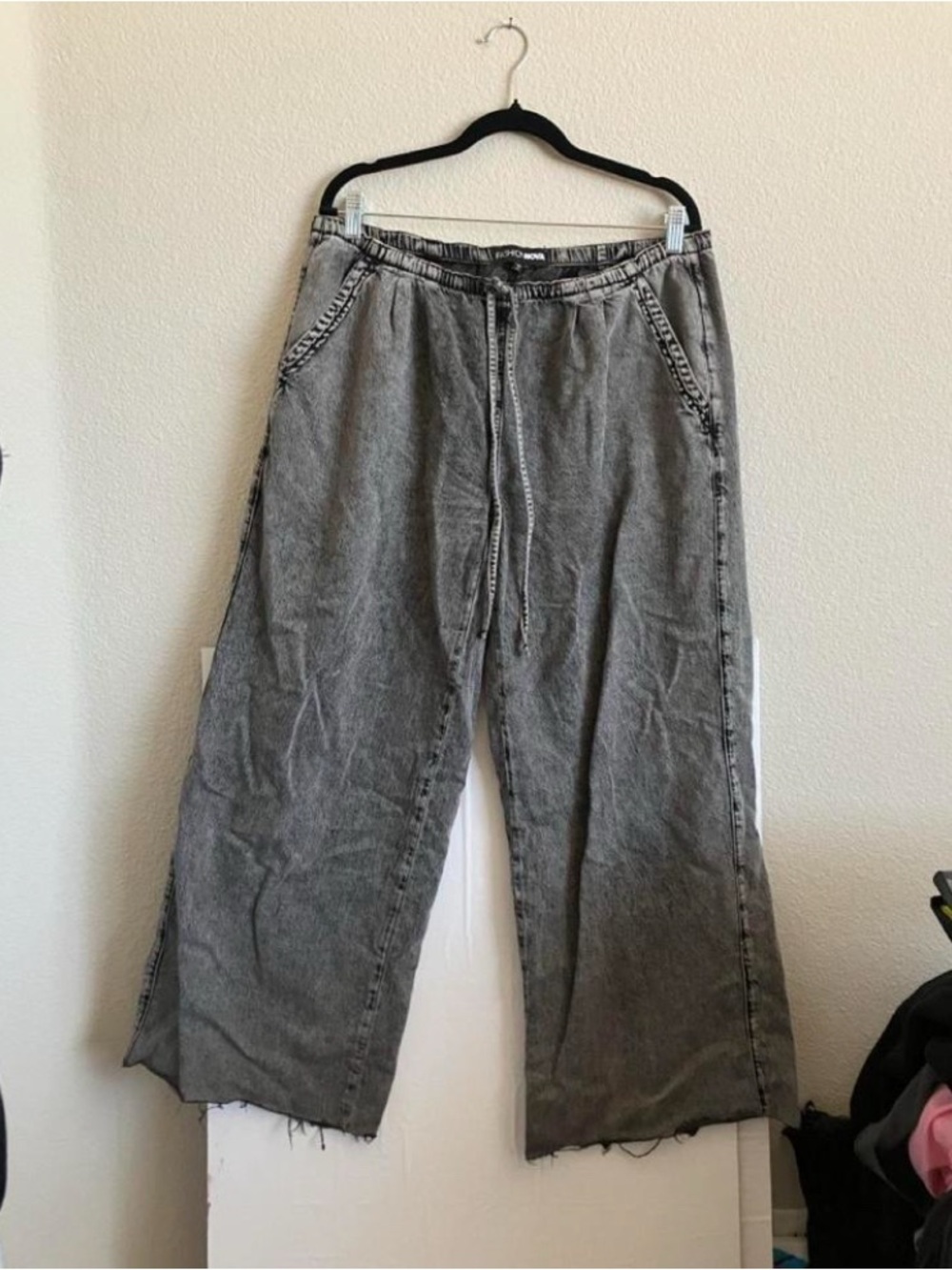Gray Washed Wide Leg Drawstring Pants